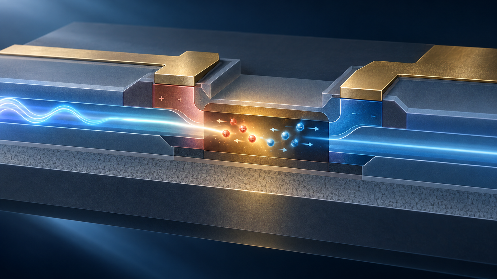 Conceptual cutaway of a lateral silicon germanium silicon PIN waveguide photodiode
